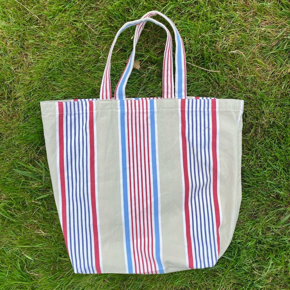 Beige Tote Bag Red and Blue Stripes